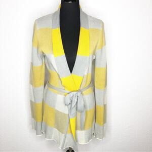 Modcloth gold gray cream plaid belted wrap cardigan sweater size Large